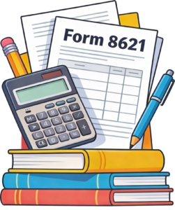 A pile of books, writing implements, tax forms, and a calculator