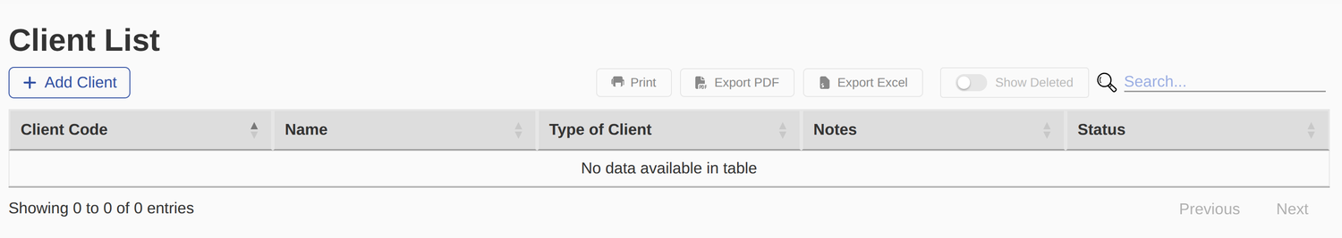 The main content area shows the client list.