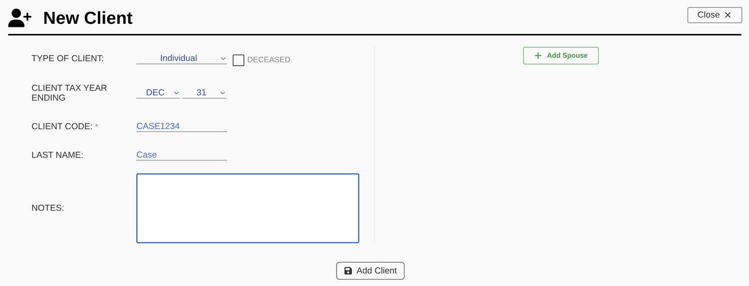 The New Client form.