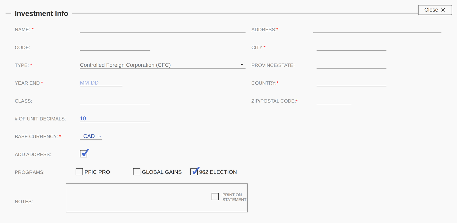 The Investment Info form.