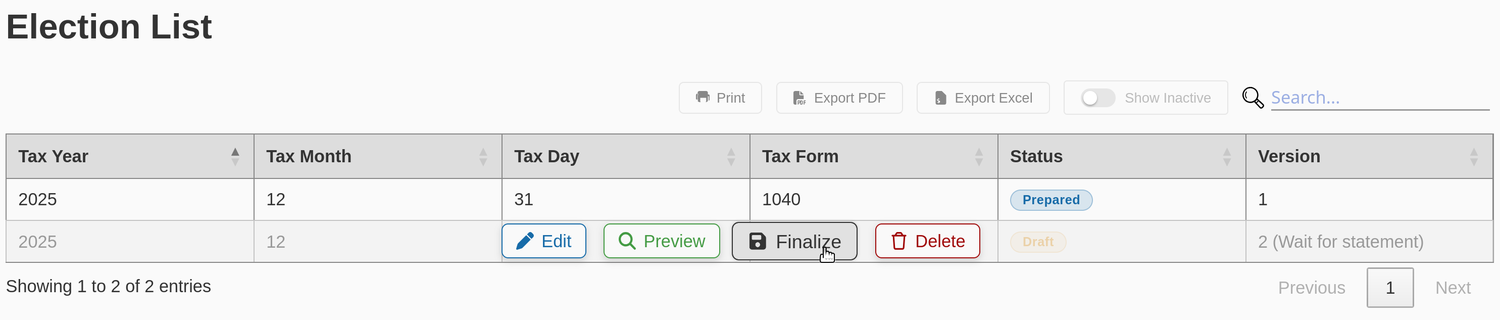 Row actions: Edit, Preview, Finalize, and Delete.