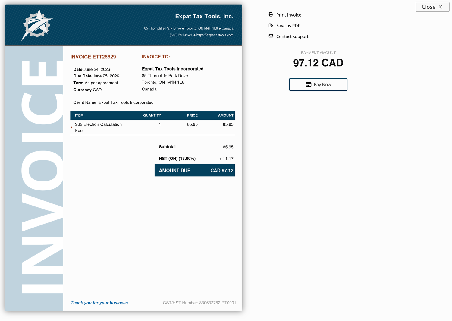 An invoice is created for the election version.