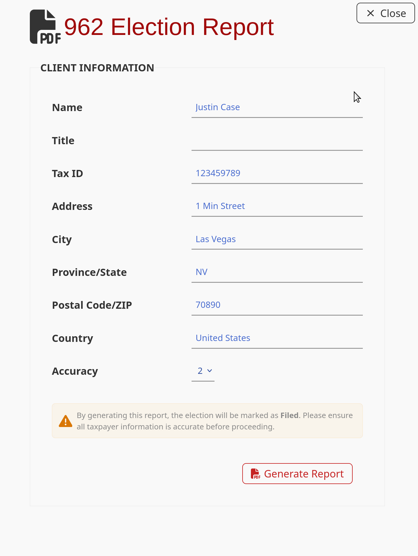 Enter the taxpayer information for the report.